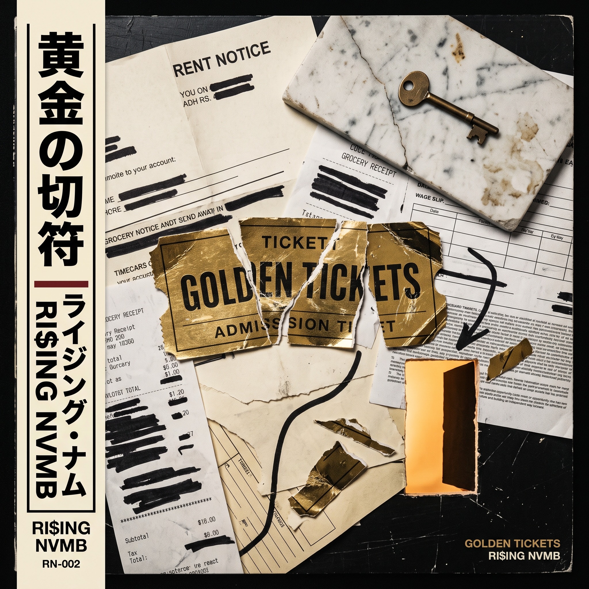 Golden Tickets cover artwork with rent notices, redacted receipts, a key and torn gold tickets