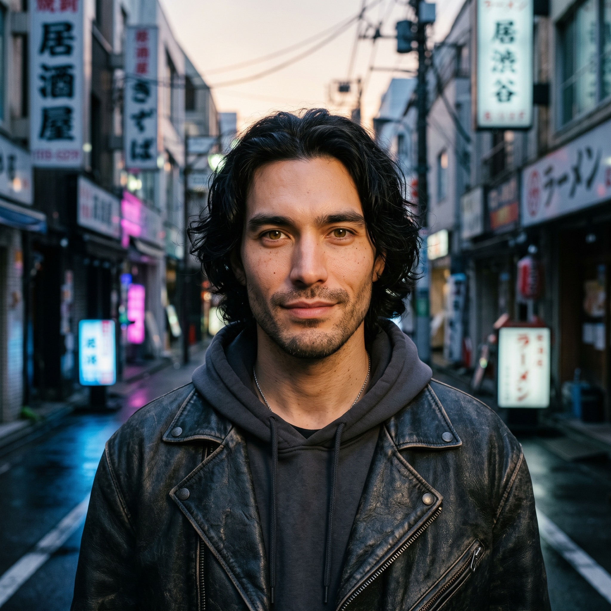 RI$ING NVMB in a black leather jacket on a neon-lit city street