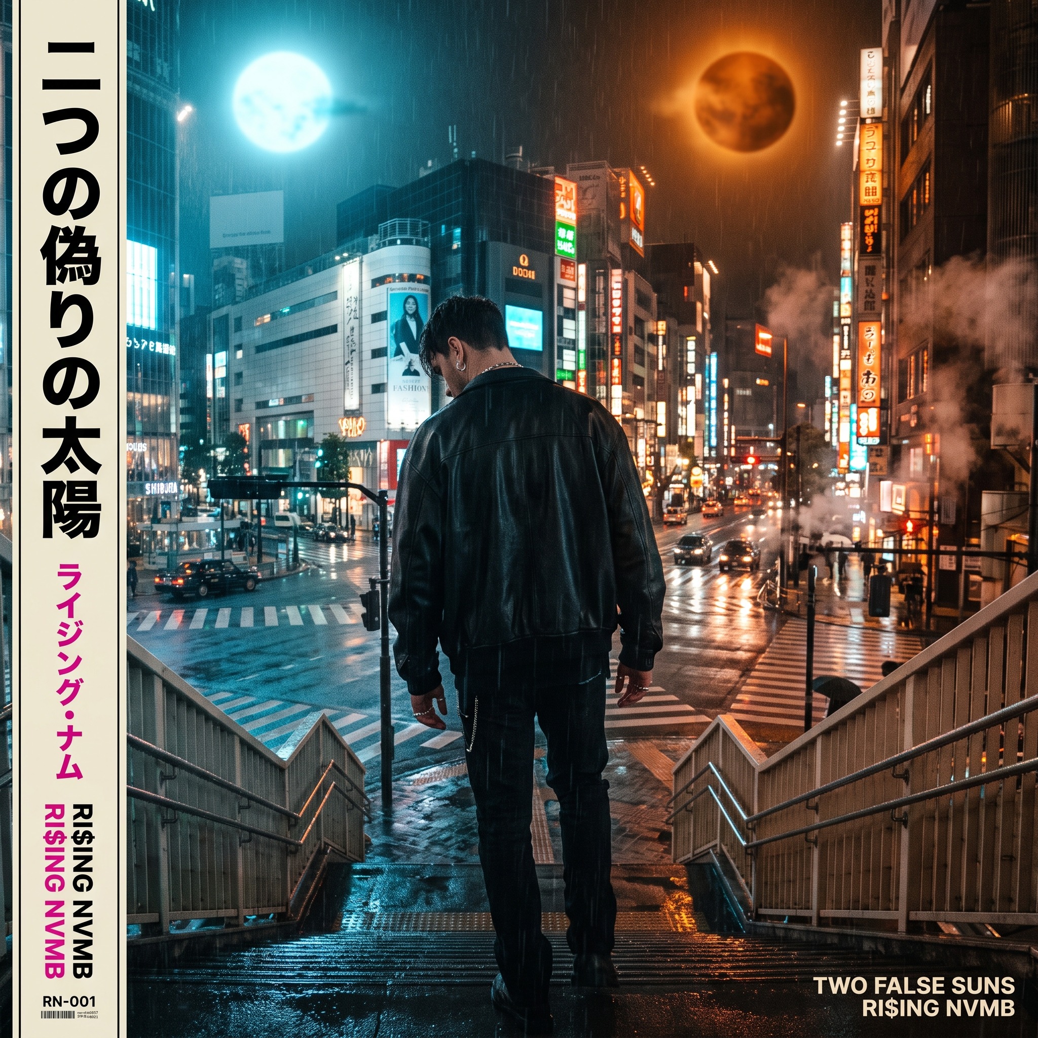 Two False Suns cover artwork showing a figure above a rain-soaked city beneath cyan and orange suns